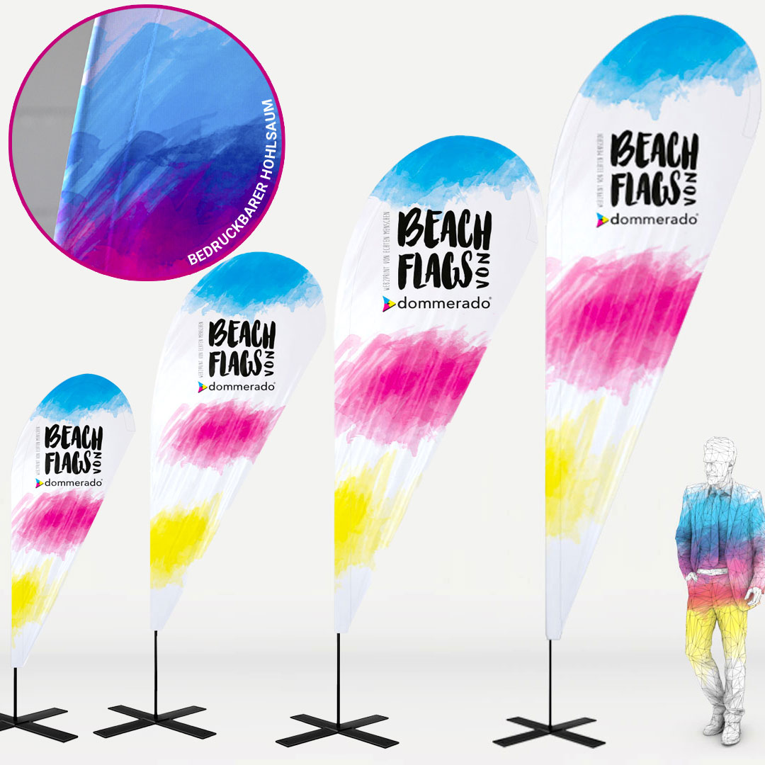 4 Beachflags in Tropfenform mit farbigem Motiv, in verschiedenen Größen, Bodenkreuzständern, Stoffdetail im Kreis und Mensch zum Größenvergleich