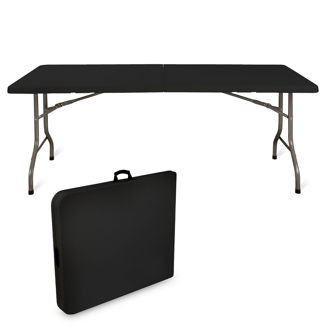 Klapptisch Eckig mit schwarzer Tischplatte und klappbarem Gestell, abgebildet mit zusammengefalteter Variante