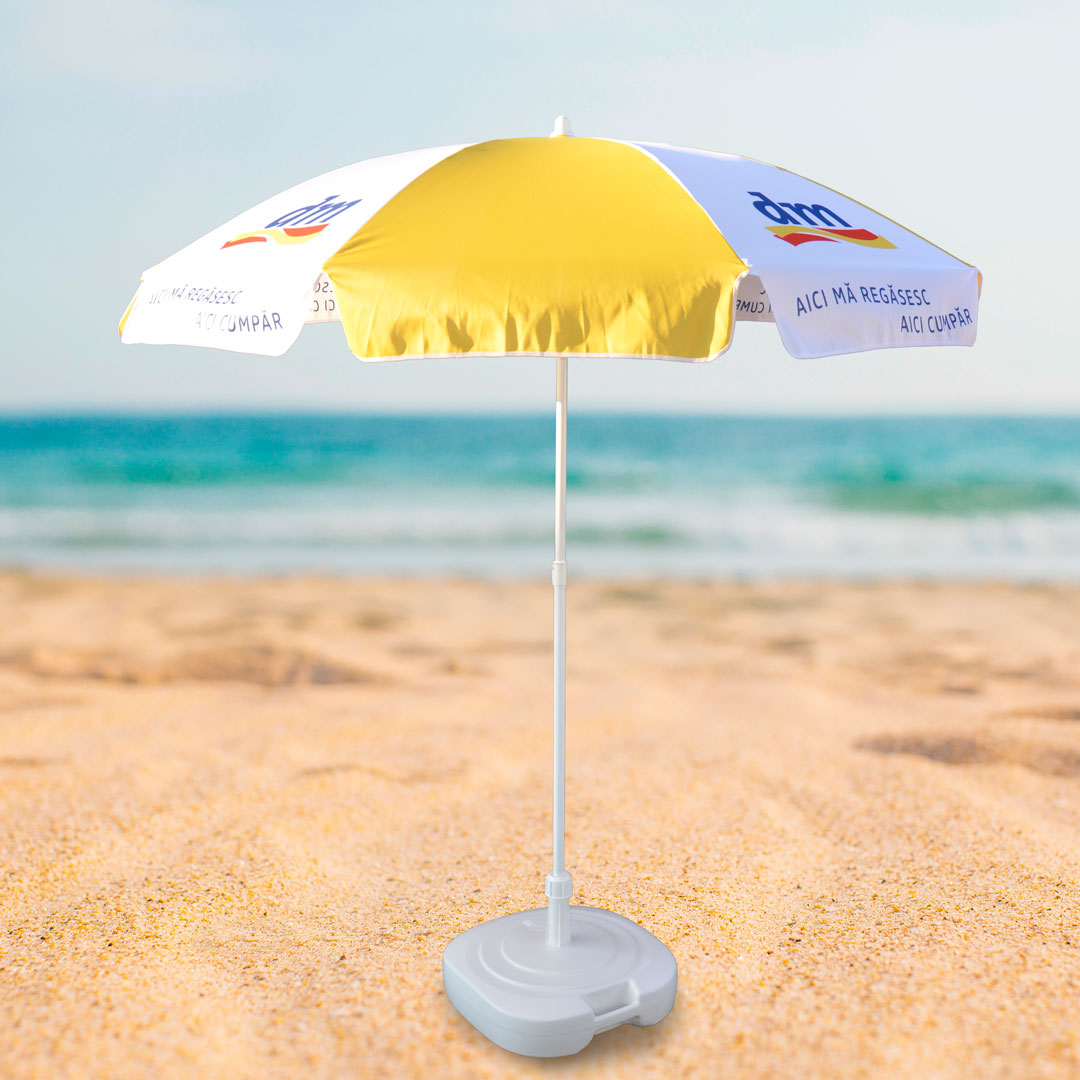 Sonnenschirm Rund mit Volant 180 cm mit Gelb bedruckter Bespannung am Strand 