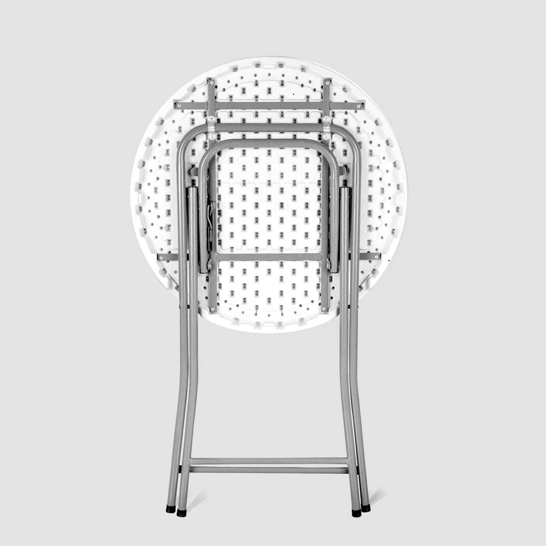 Runder Stehtisch zusammengeklappt in stehender Position. 