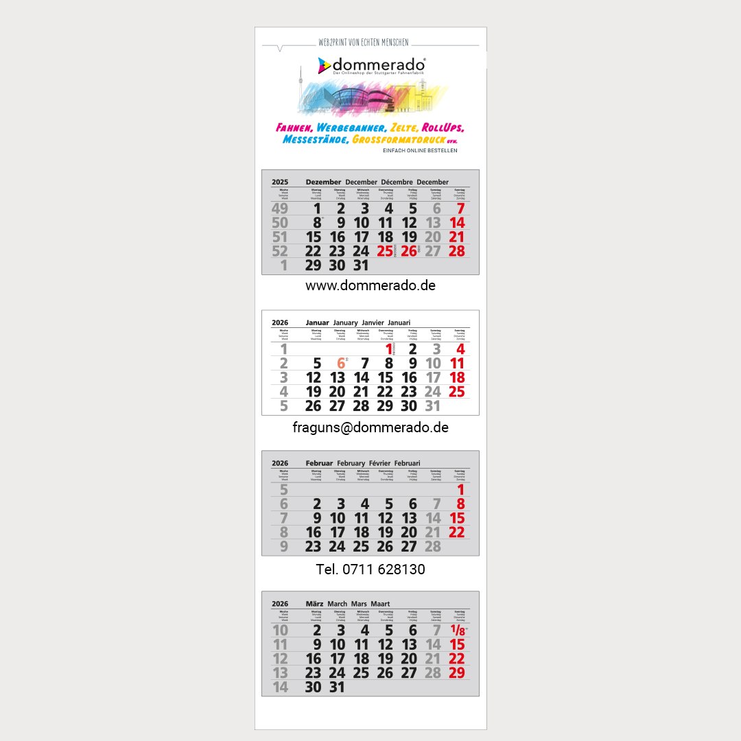 Ein bedruckter Wandkalender mit Werbedruck im oberen Bereich, dessen Kalenderdaten in Schwarz/Rot hervorgehoben sind.