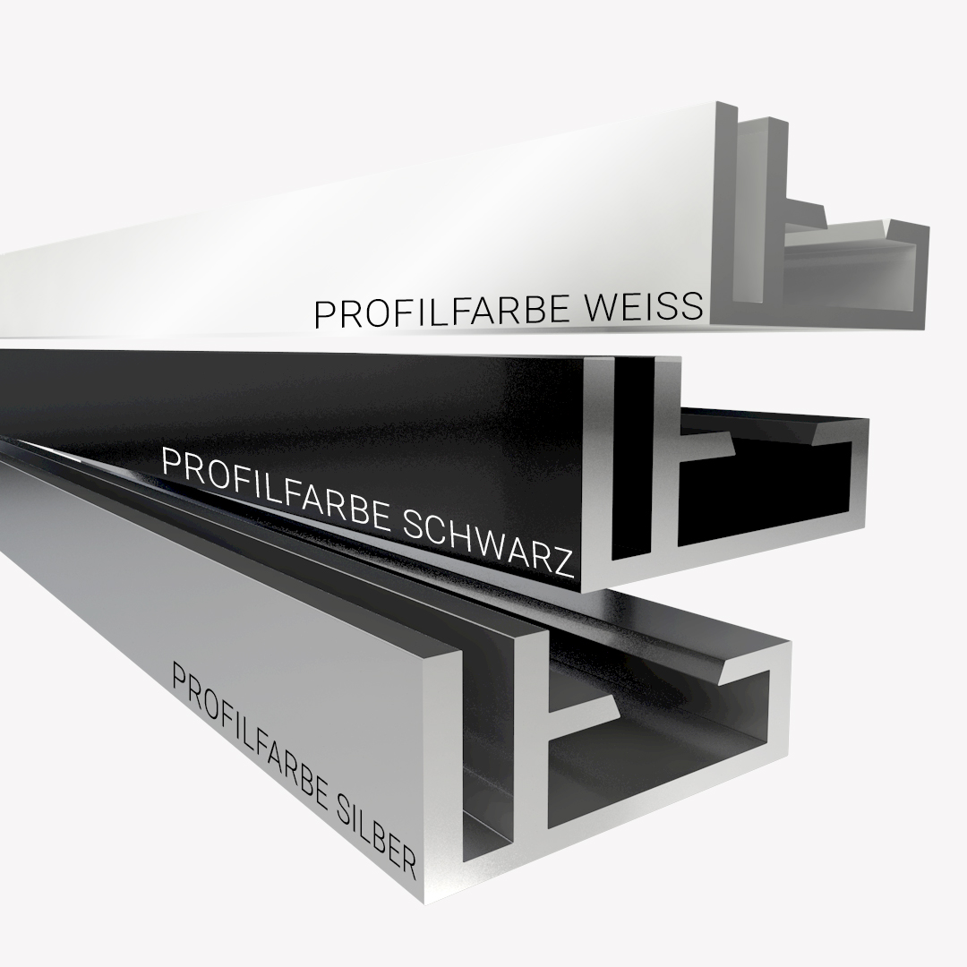 Drei Aluframes in Schwarz, Silber und Weiß 